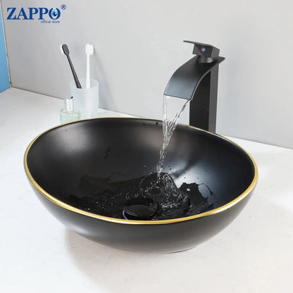 Hand-Painted Marble Ceramic Vessel Sink with Antique Brass Waterfall Faucet | Countertop Bathroom Sink comfydesigners