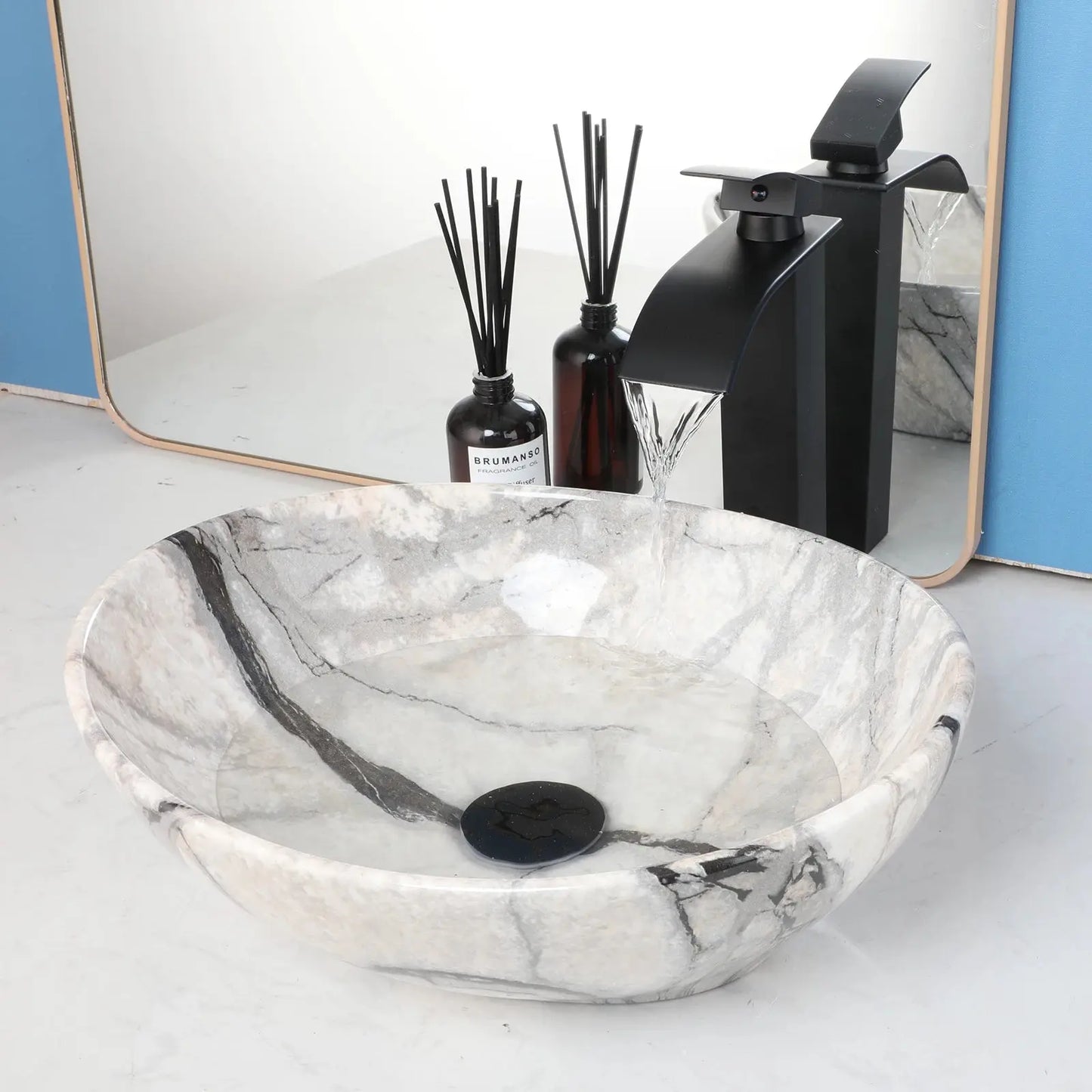 Hand-Painted Marble Ceramic Vessel Sink with Antique Brass Waterfall Faucet | Oval Countertop Bathroom Sink comfydesigners