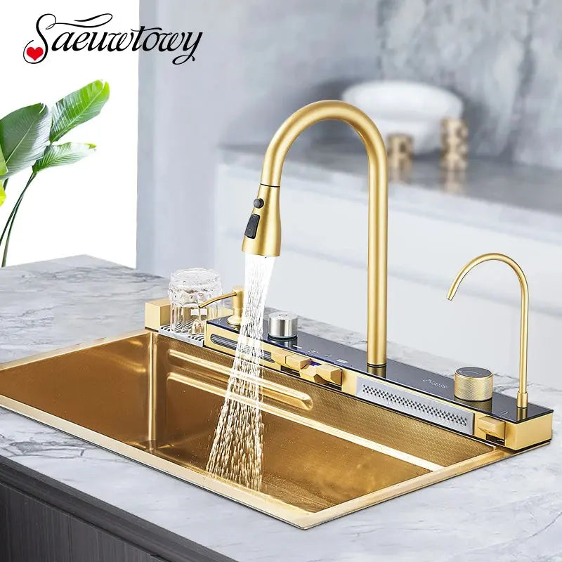 Waterfall Kitchen Sink Set with Built-In Water Purifier | Stainless Steel, Digital Display & Slide Rail — 3 Finishes comfydesigners