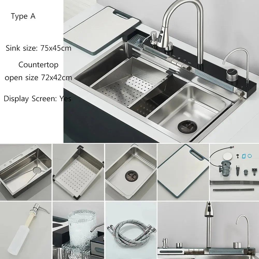 Waterfall Kitchen Sink Set with Built-In Water Purifier | Stainless Steel, Digital Display & Slide Rail — 3 Finishes comfydesigners