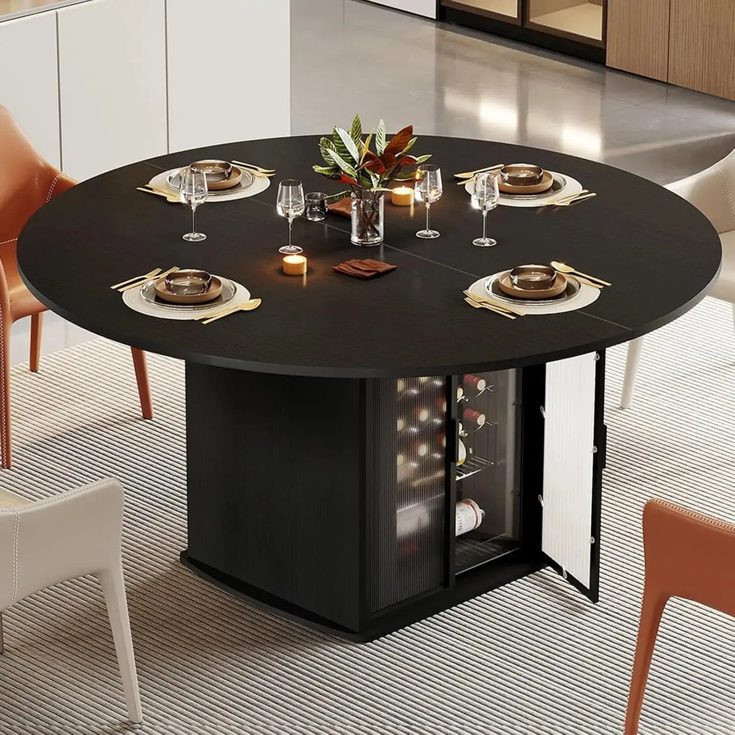 Round Black Faux Marble Dining Table with Storage comfydesigners