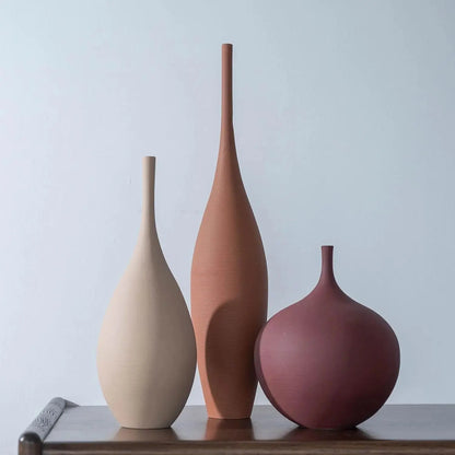 Trio of Earth-Tone Ribbed Ceramic Vases comfydesigners