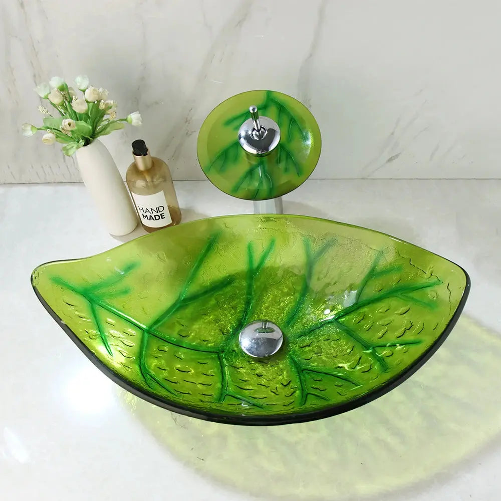 Leaf-Shaped Hand-Painted Glass Vessel Sink with Faucet | Nature-Inspired Countertop Bathroom Sink comfydesigners