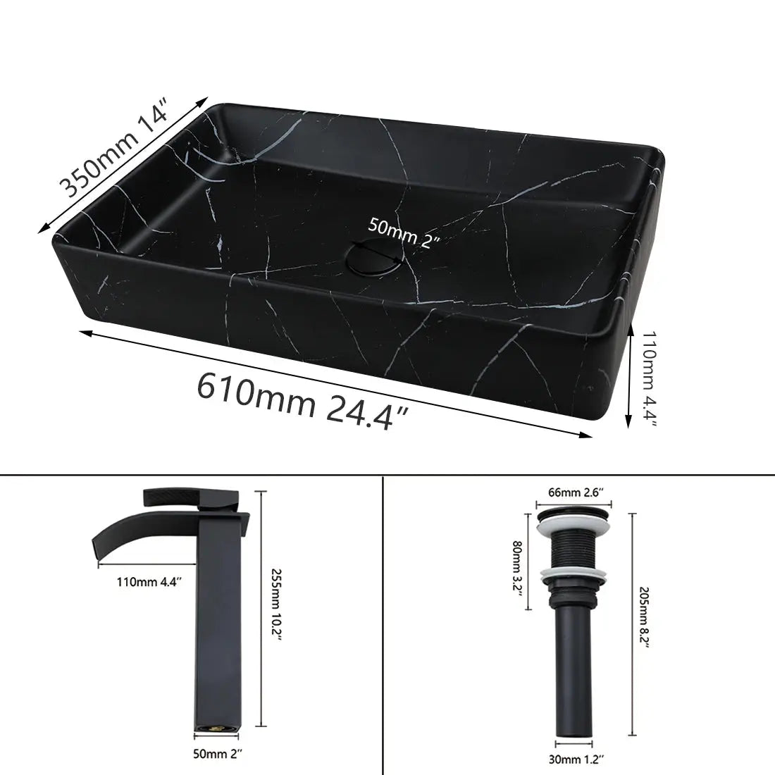Rectangular Black Marble Ceramic Vessel Sink | Above-Counter Countertop Bathroom Vanity Sink comfydesigners