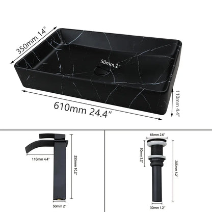 Rectangular Black Marble Ceramic Vessel Sink | Above-Counter Countertop Bathroom Vanity Sink comfydesigners
