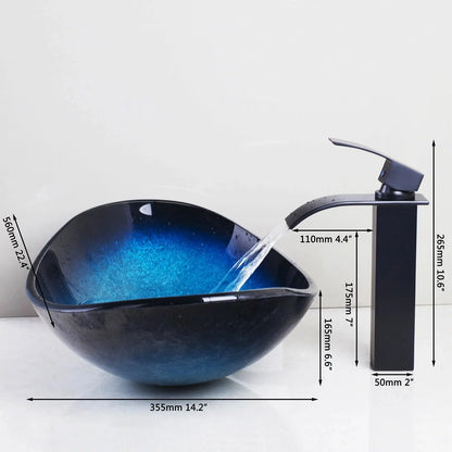 Hand-Painted Glass Vessel Sink with Waterfall Faucet | Oversized Oval Countertop Bathroom Sink comfydesigners