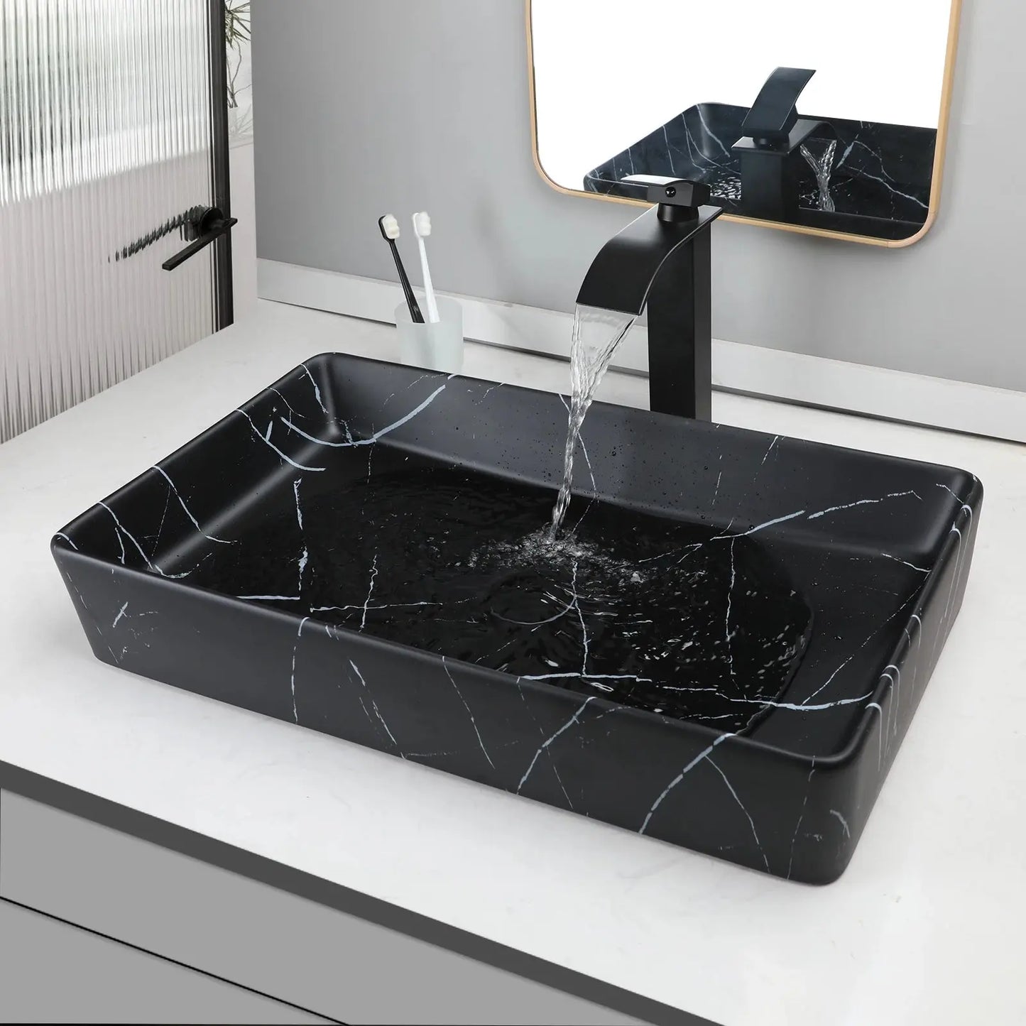 Rectangular Black Marble Ceramic Vessel Sink | Above-Counter Countertop Bathroom Vanity Sink comfydesigners