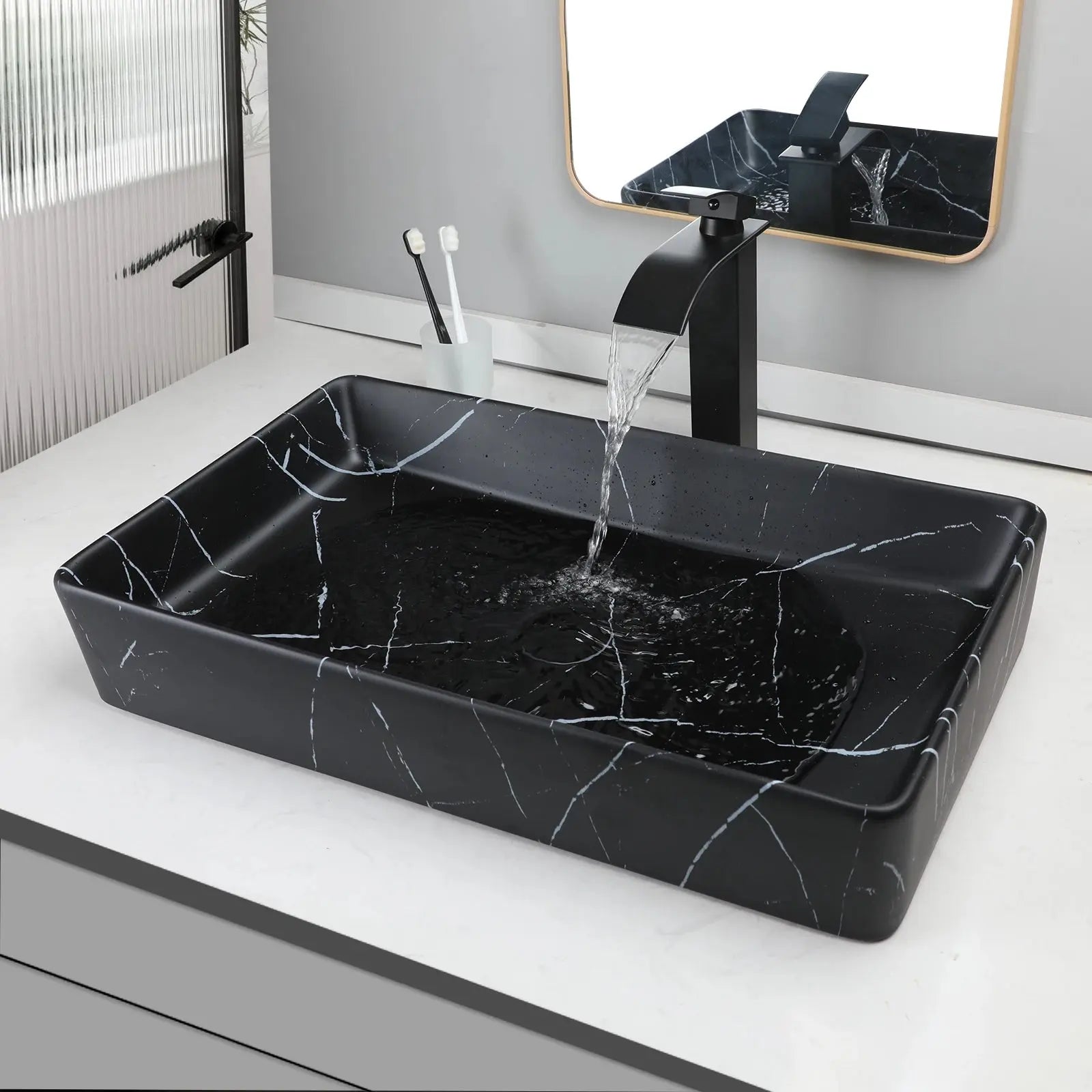 Rectangular Black Marble Ceramic Vessel Sink | Above-Counter Countertop Bathroom Vanity Sink comfydesigners