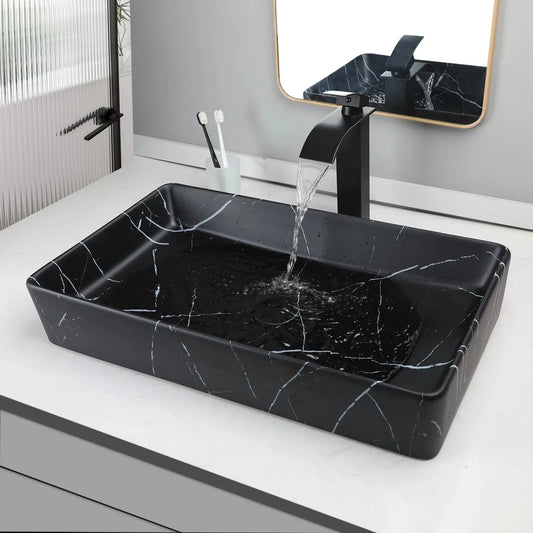 Rectangular Black Marble Ceramic Vessel Sink | Above-Counter Countertop Bathroom Vanity Sink comfydesigners