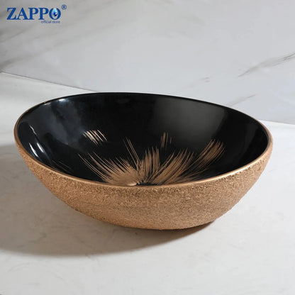 Hand-Painted Marble Ceramic Vessel Sink with Antique Brass Waterfall Faucet | Countertop Bathroom Sink comfydesigners