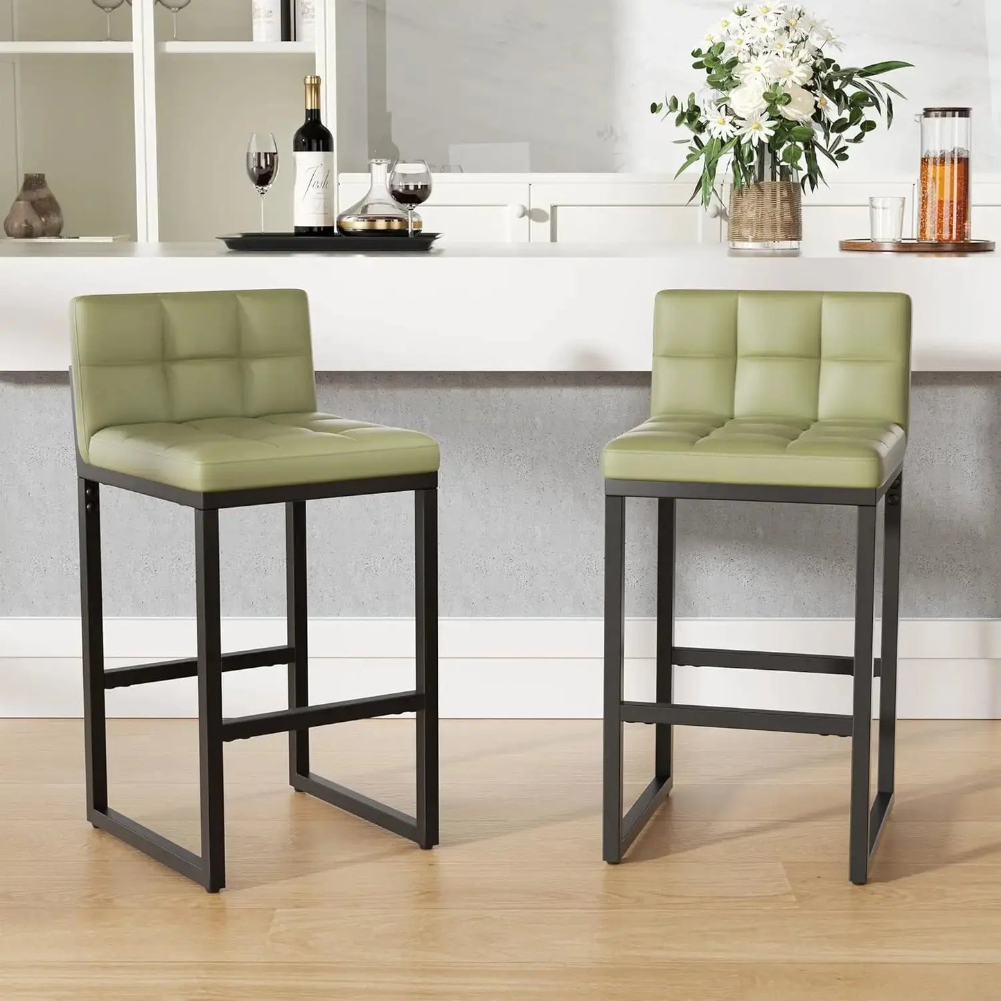 Modern Faux Leather Counter Height Bar Stools with Low Back and Footrest, Set of 2 comfydesigners