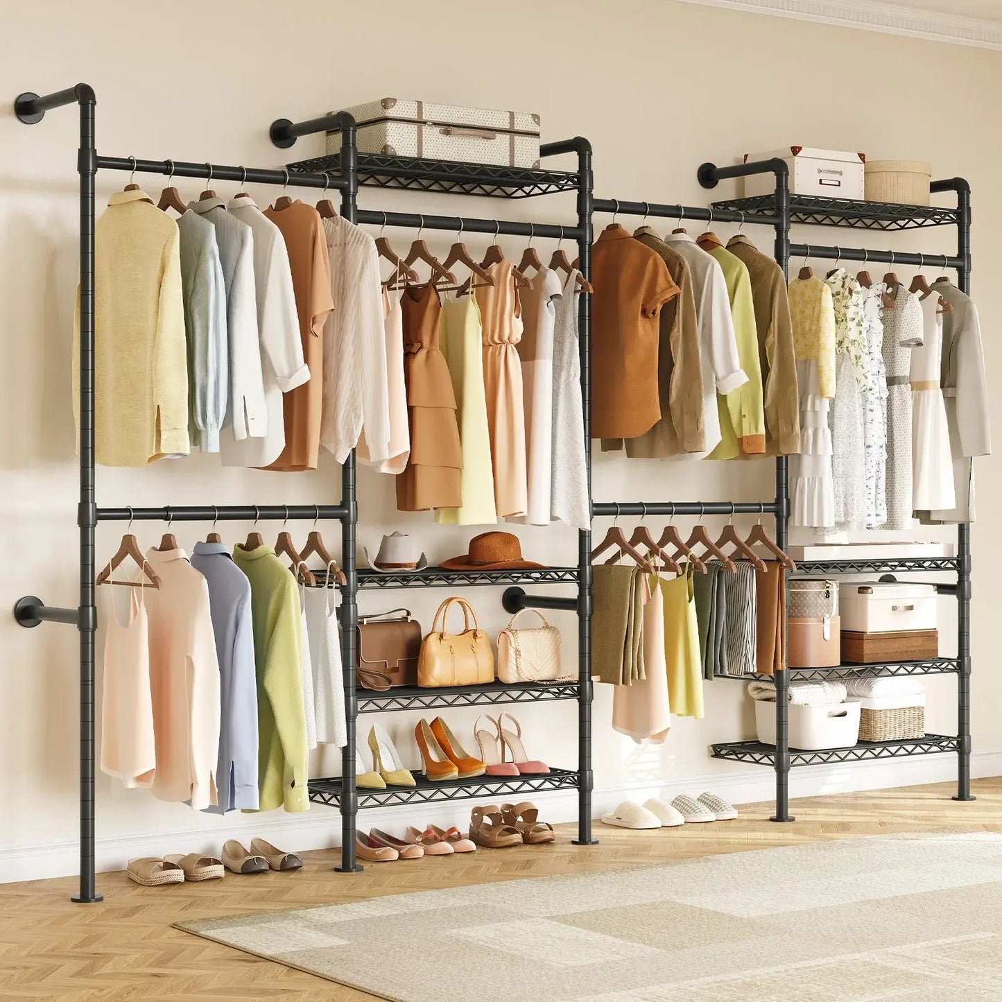 The Last Closet Organizer You’ll Ever Need — Wall-Mounted Industrial Pipe Rack, 6 Rods, 8 Shelves & 1,100 lb Capacity comfydesigners