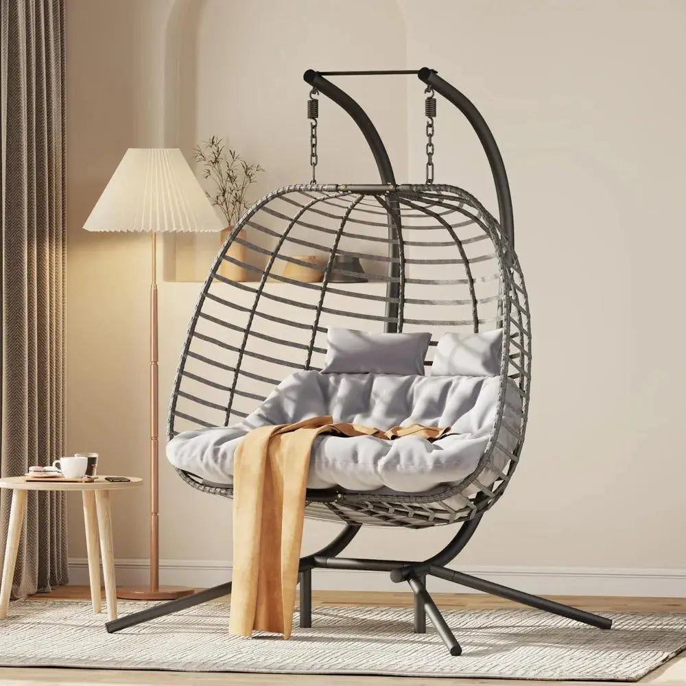 Double Hanging Egg Chair with Stand | 2-Person Indoor & Outdoor Wicker Swing Chair comfydesigners