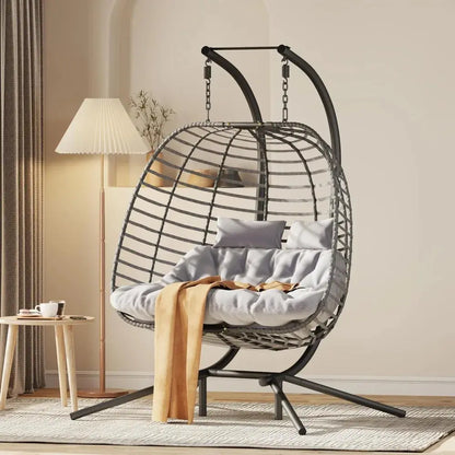 Double Hanging Egg Chair with Stand | 2-Person Indoor & Outdoor Wicker Swing Chair comfydesigners