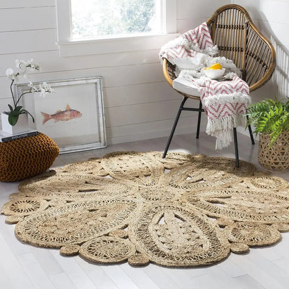 Handmade Jute Natural Floral Design Round Rug comfydesigners