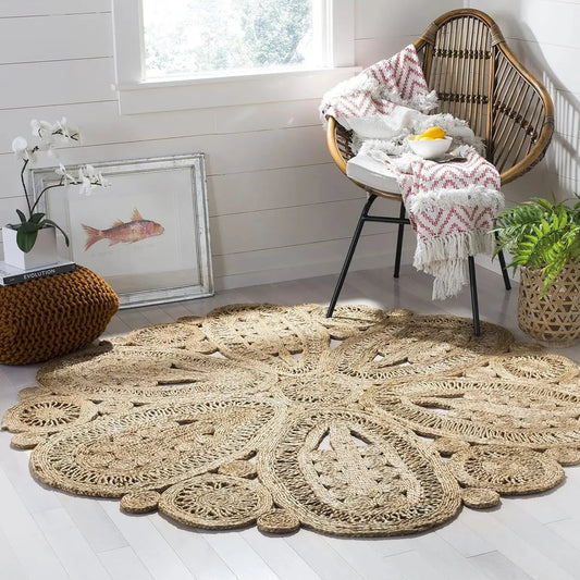 Handmade Jute Natural Floral Design Round Rug comfydesigners