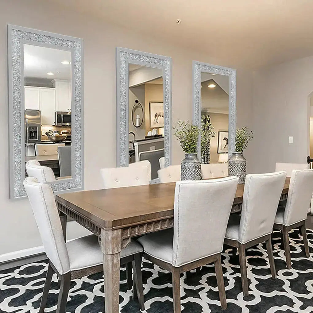 Large Frameless Crystal Wall Mirror | 48x24" Silver Sparkle, Wall-Mounted & Floor Dressing Mirror comfydesigners