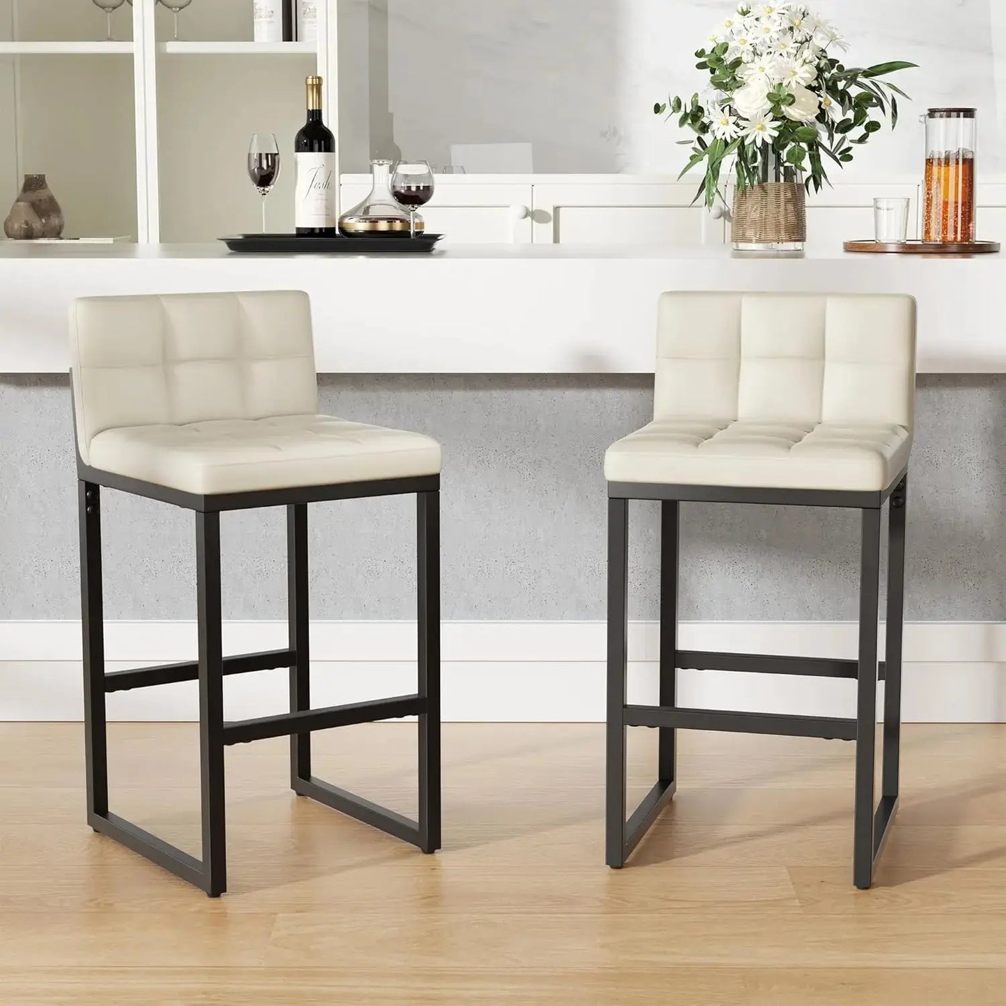 Modern Faux Leather Counter Height Bar Stools with Low Back and Footrest, Set of 2 comfydesigners