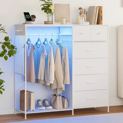 Your Bedroom's New Overachiever — 6-Drawer Dresser with Hanging Rack, LED Lights & Charging Station comfydesigners