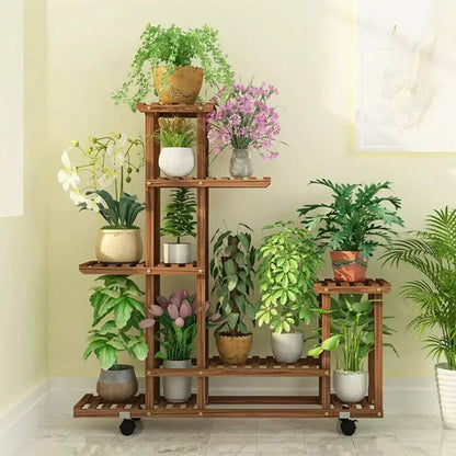 Multi-Layer Wood Plant Stand Outdoor/Indoor Rolling Flower Pot Holder comfydesigners