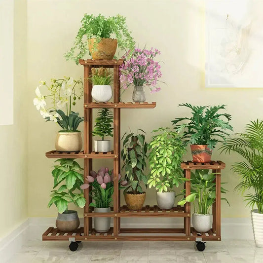 Multi-Layer Wood Plant Stand Outdoor/Indoor Rolling Flower Pot Holder comfydesigners