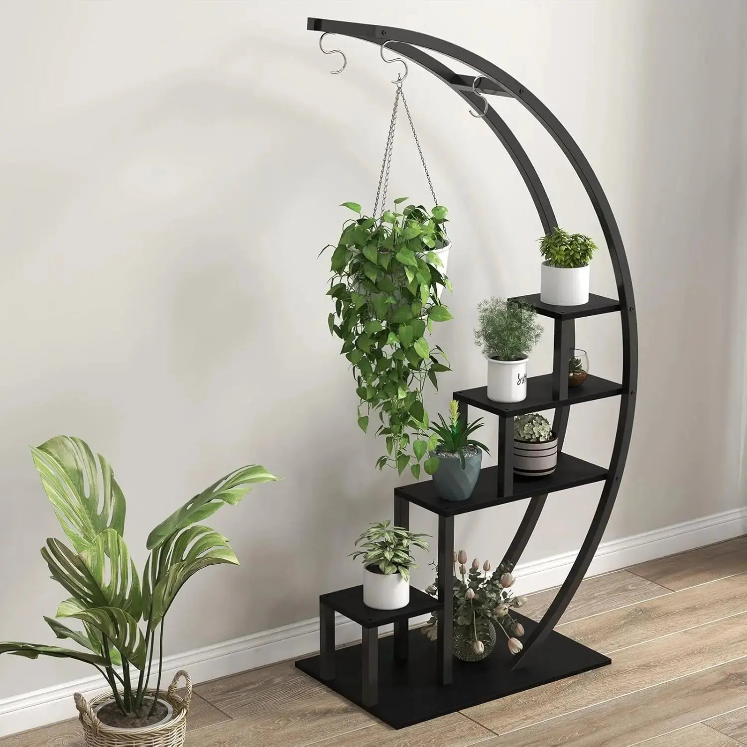 Half Moon. Full Impact. — 2-Pack 5-Tier Metal Plant Stand with 6 Hooks, Holds 16+ Pots comfydesigners