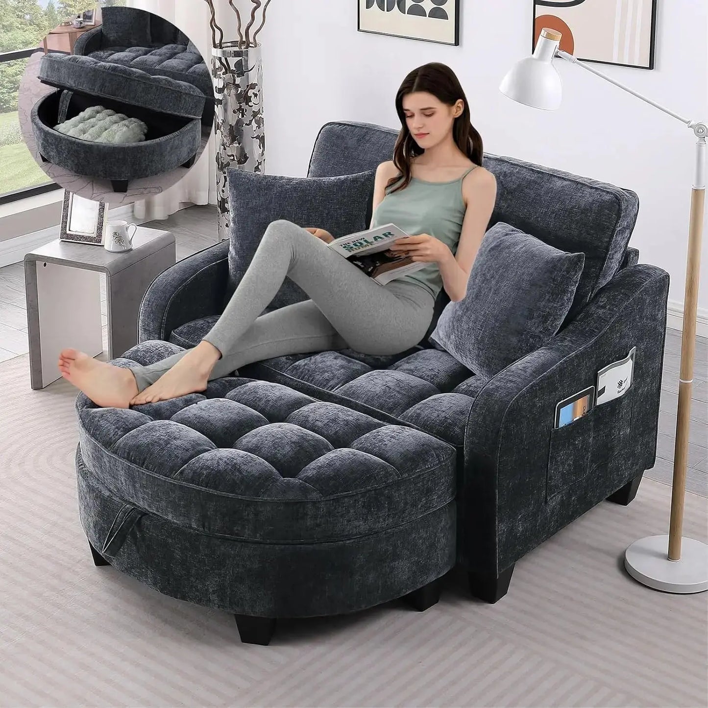 Oversized Chenille Chaise Lounge with Ottoman comfydesigners