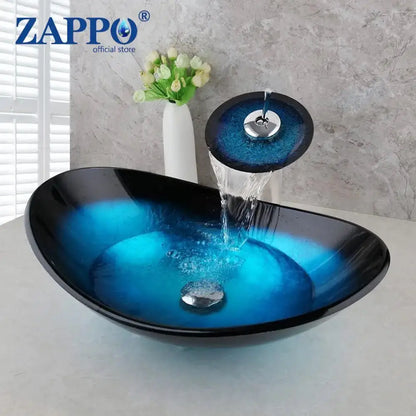 Hand-Painted Tempered Glass Vessel Sink with Waterfall Black Faucet | 22" Countertop Bathroom Sink comfydesigners