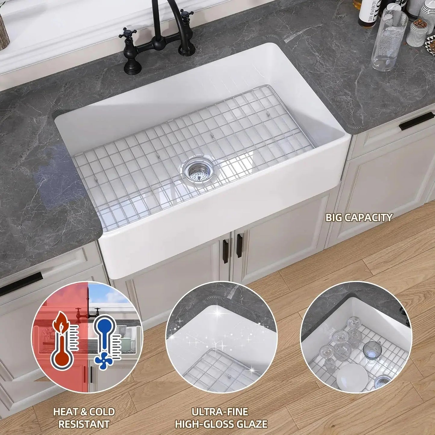 30" White Fireclay Farmhouse Kitchen Sink | Apron Front comfydesigners