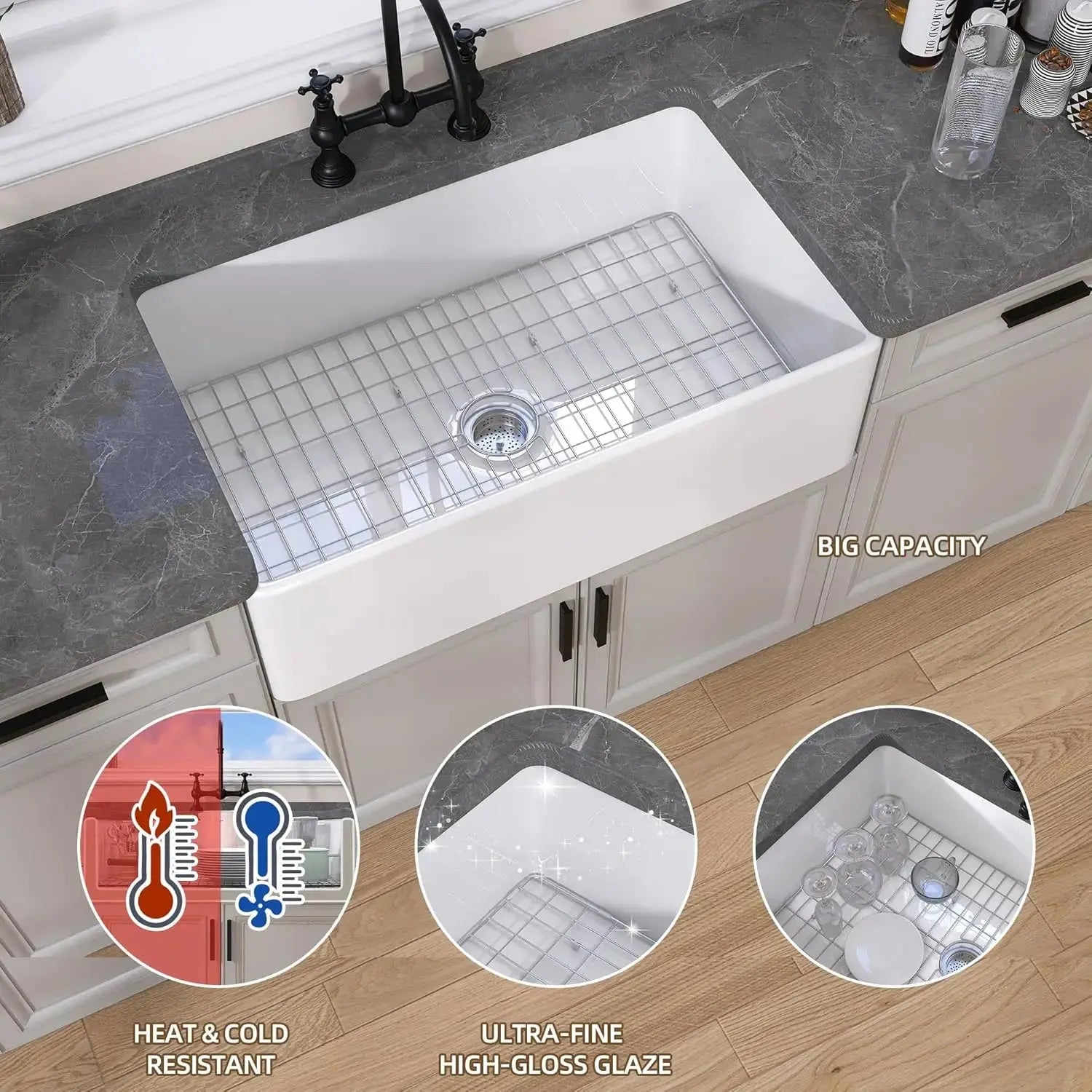 30" White Fireclay Farmhouse Kitchen Sink | Apron Front comfydesigners