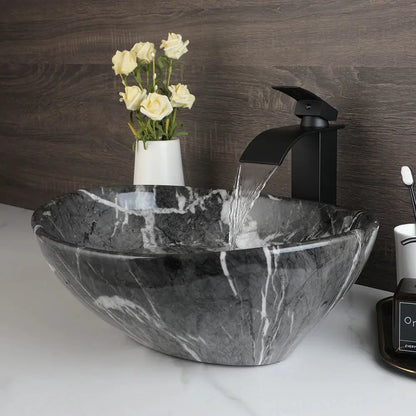 Hand-Painted Marble Ceramic Vessel Sink with Antique Brass Waterfall Faucet | Countertop Bathroom Sink comfydesigners