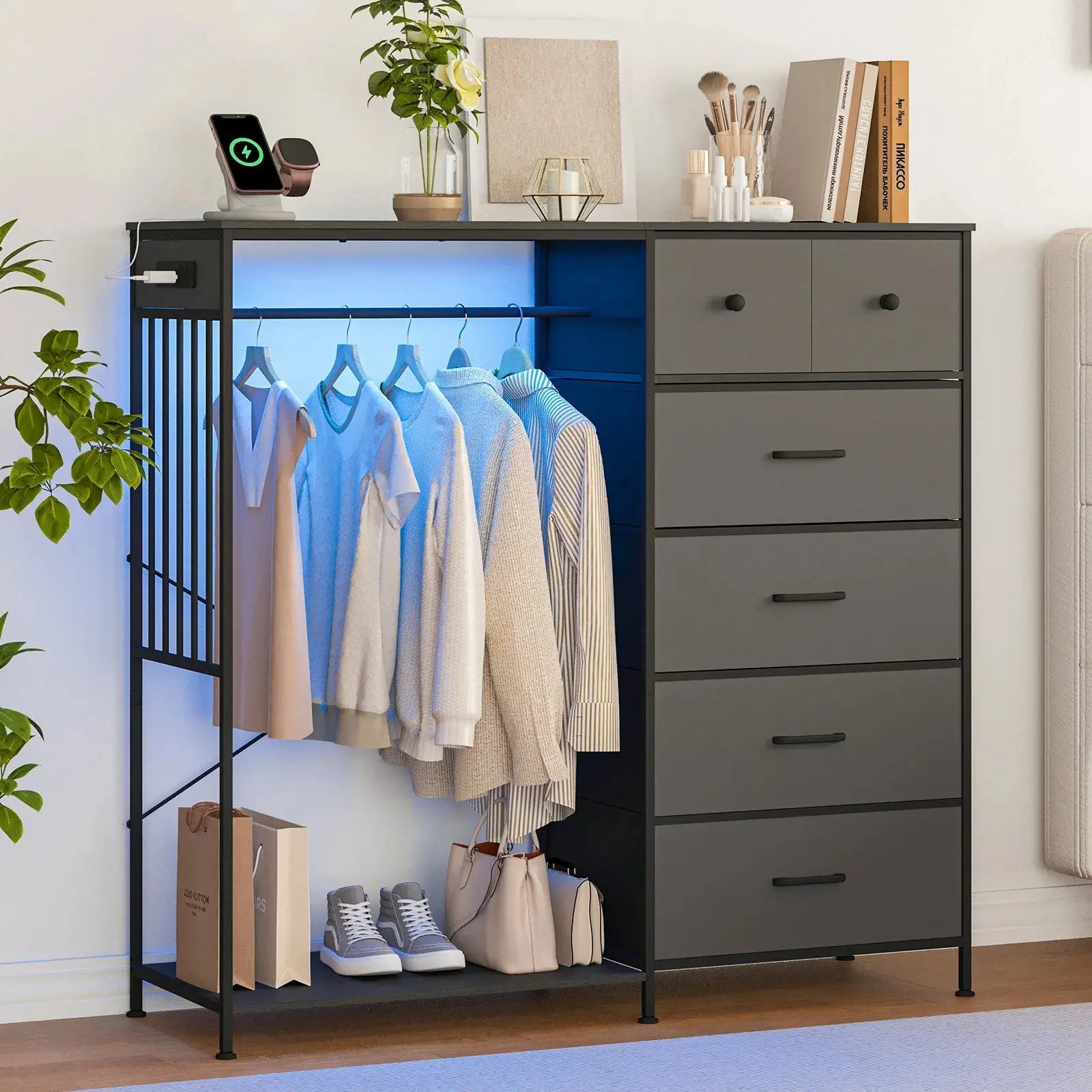 Your Bedroom's New Overachiever — 6-Drawer Dresser with Hanging Rack, LED Lights & Charging Station comfydesigners