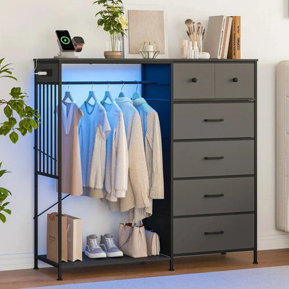 Your Bedroom's New Overachiever — 6-Drawer Dresser with Hanging Rack, LED Lights & Charging Station comfydesigners