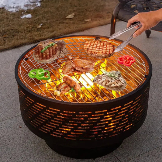 Bonfire. BBQ. Table. All in One. — 26" 3-in-1 Wood-Burning Fire Pit with Grill, Lid & Waterproof Cover comfydesigners