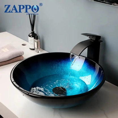 Hand-Painted Tempered Glass Vessel Sink with Waterfall Black Faucet | 22" Countertop Bathroom Sink comfydesigners