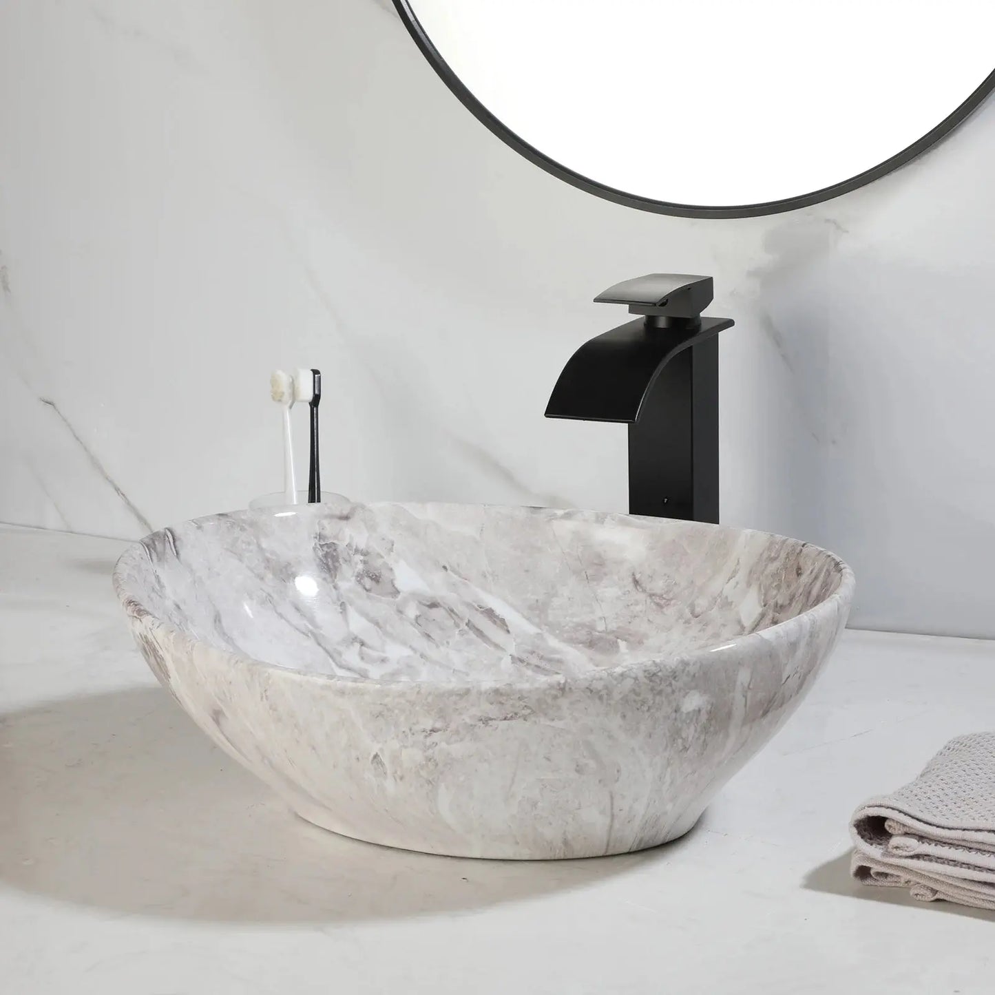 Hand-Painted Marble Ceramic Vessel Sink with Antique Brass Waterfall Faucet | Oval Countertop Bathroom Sink comfydesigners