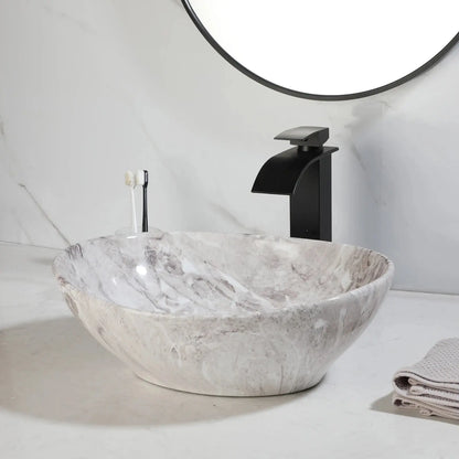 Hand-Painted Marble Ceramic Vessel Sink with Antique Brass Waterfall Faucet | Oval Countertop Bathroom Sink comfydesigners