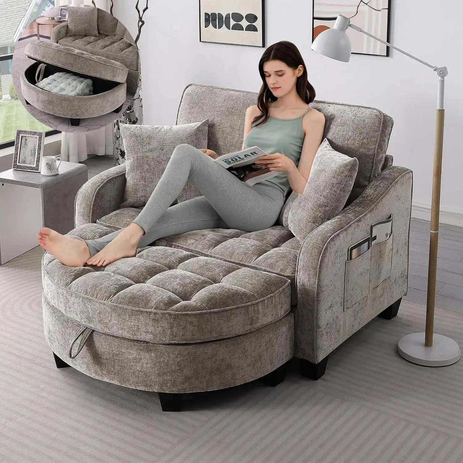 Oversized Chenille Chaise Lounge with Ottoman comfydesigners