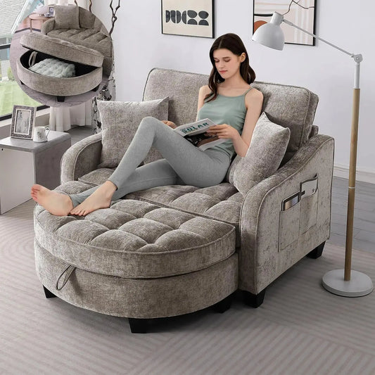 Oversized Chenille Chaise Lounge with Ottoman comfydesigners