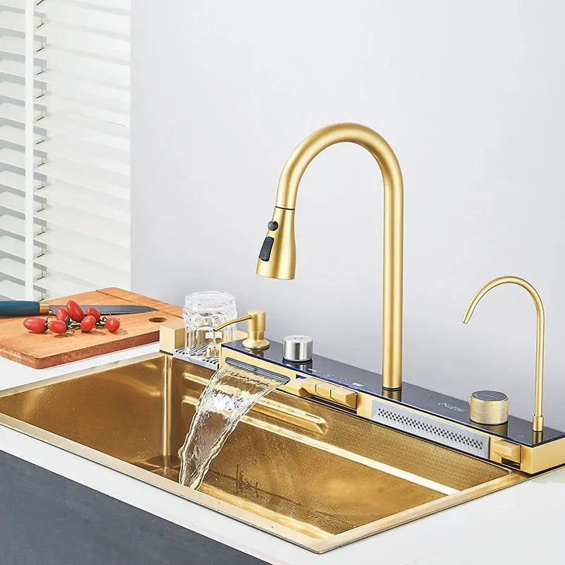 Waterfall Kitchen Sink Set with Built-In Water Purifier | Stainless Steel, Digital Display & Slide Rail — 3 Finishes comfydesigners