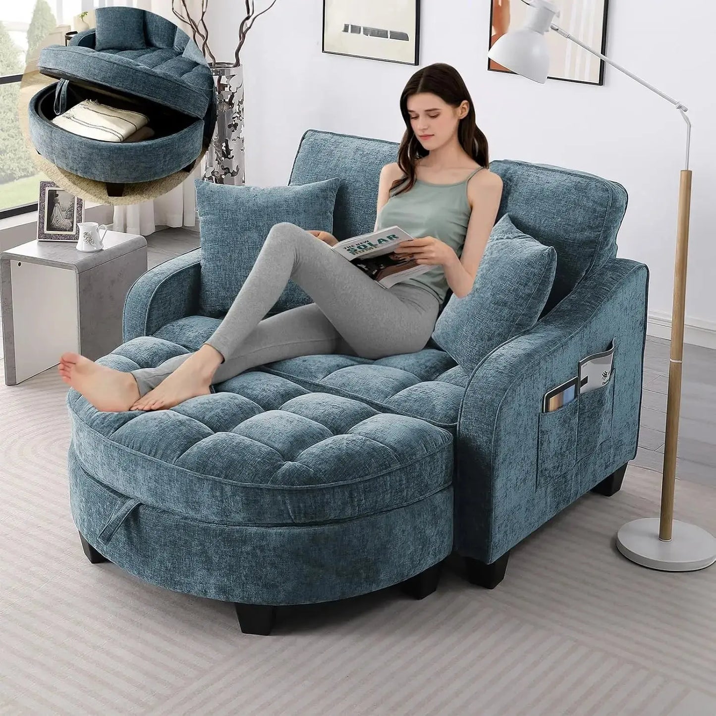 Oversized Chenille Chaise Lounge with Ottoman comfydesigners