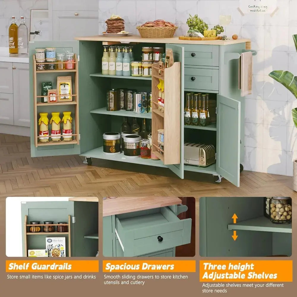 Sage Green Mobile Kitchen Island with Storage comfydesigners
