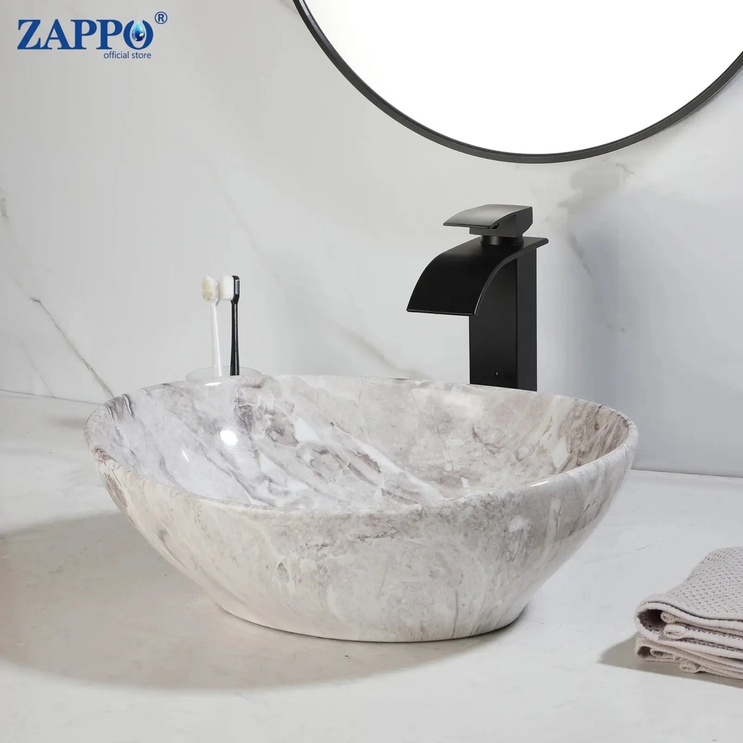 Hand-Painted Marble Ceramic Vessel Sink with Antique Brass Waterfall Faucet | Countertop Bathroom Sink comfydesigners