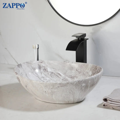 Hand-Painted Marble Ceramic Vessel Sink with Antique Brass Waterfall Faucet | Countertop Bathroom Sink comfydesigners