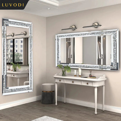 Large Frameless Crystal Wall Mirror | 48x24" Silver Sparkle, Wall-Mounted & Floor Dressing Mirror comfydesigners