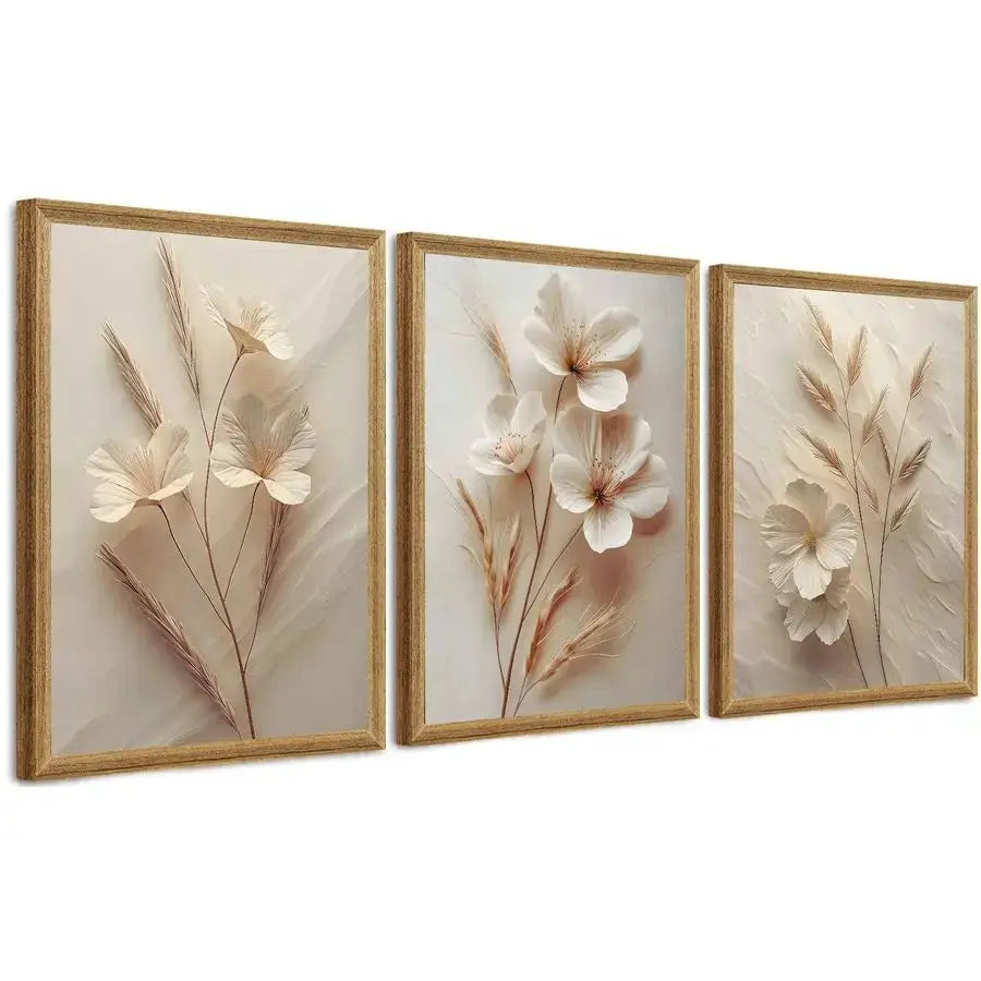 3-Piece Framed Floral Canvas Wall Art | Textured Abstract Botanical Prints, Neutral Beige comfydesigners