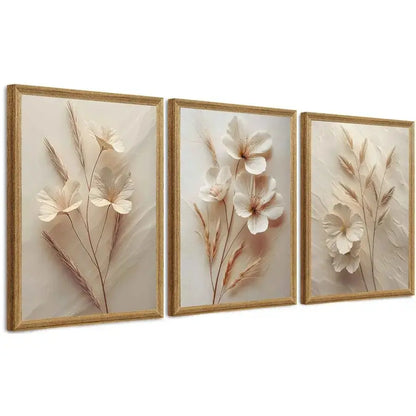 3-Piece Framed Floral Canvas Wall Art | Textured Abstract Botanical Prints, Neutral Beige comfydesigners
