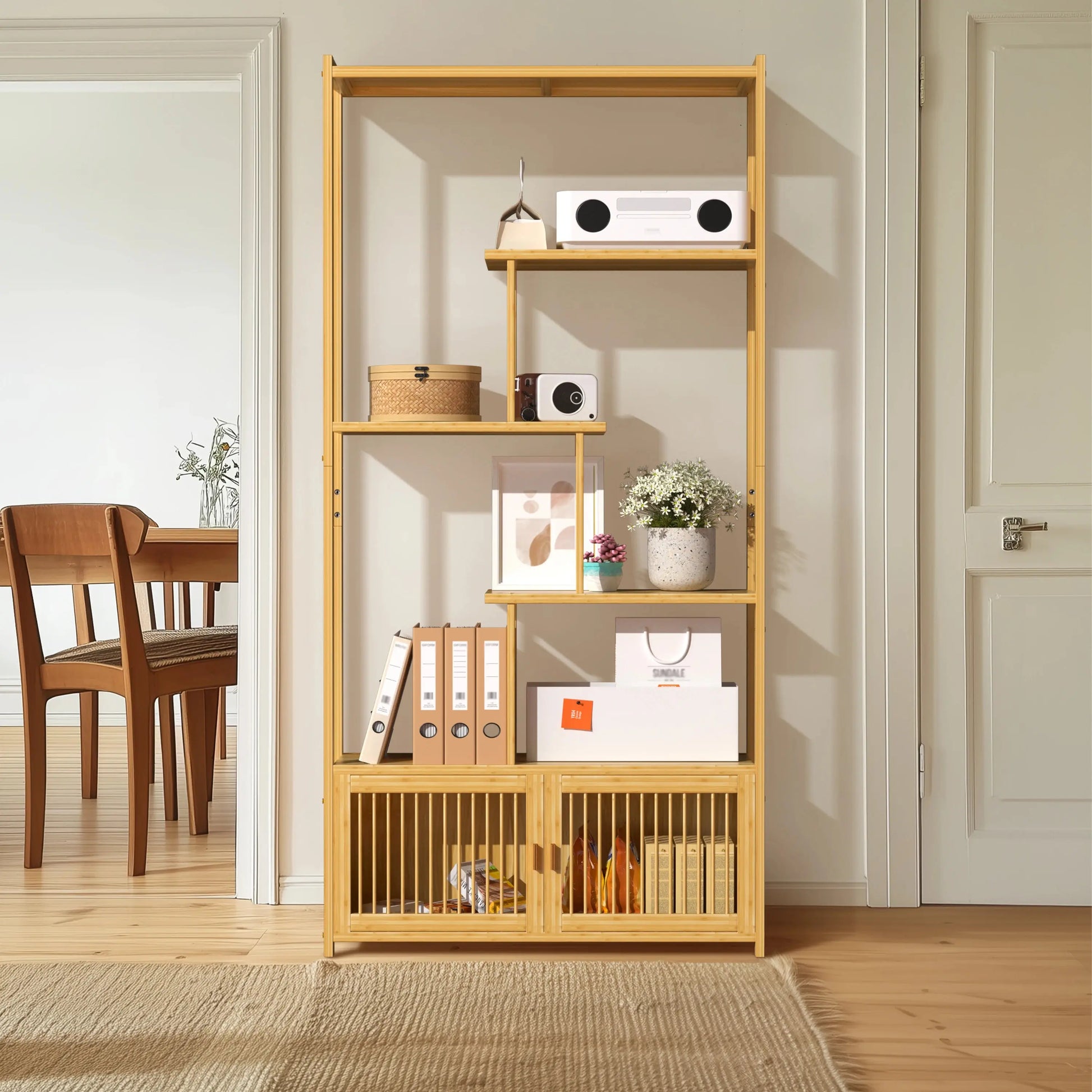 Bamboo Shelving Unit with High and Low Shelves comfydesigners