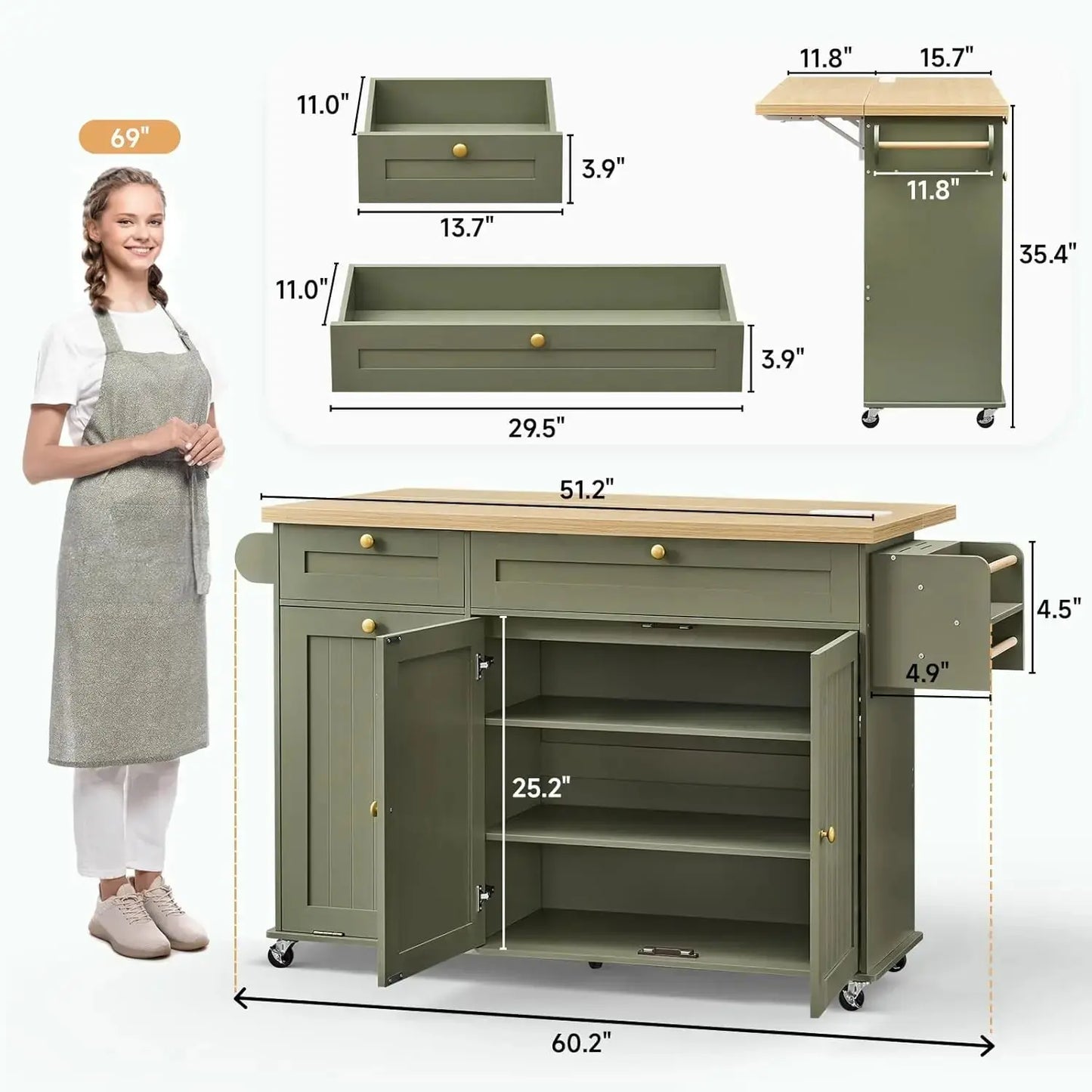 Rolling Versatile Kitchen Island with Power Outlet & Drop Leaf comfydesigners