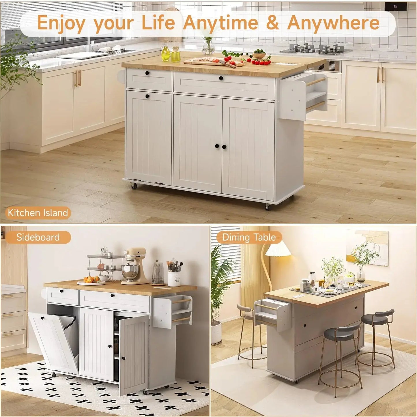 Where Preparation Meets Perfection — Rolling Drop-Leaf Kitchen Island with Power Outlet & Complete Storage comfydesigners